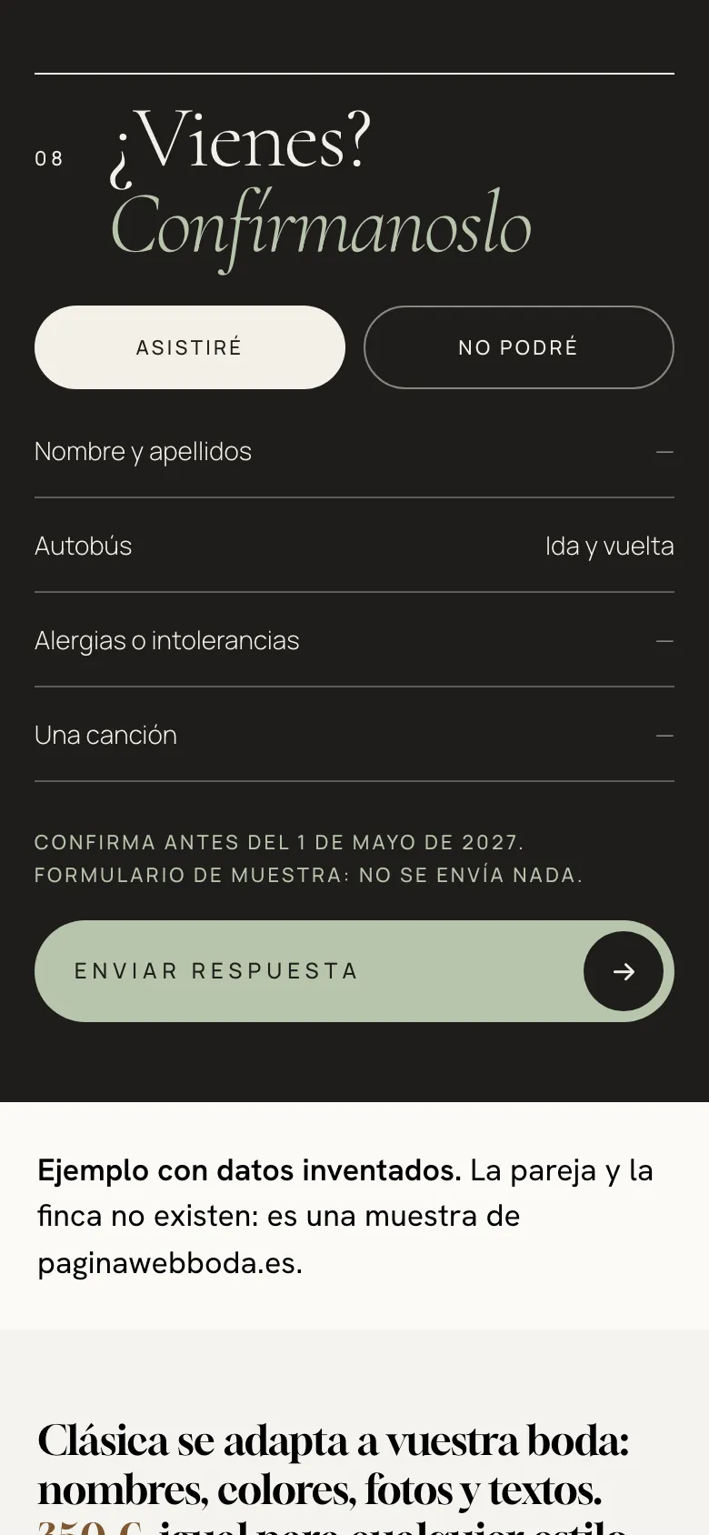 Formulario de confirmación de asistencia de la web de ejemplo Clásica
