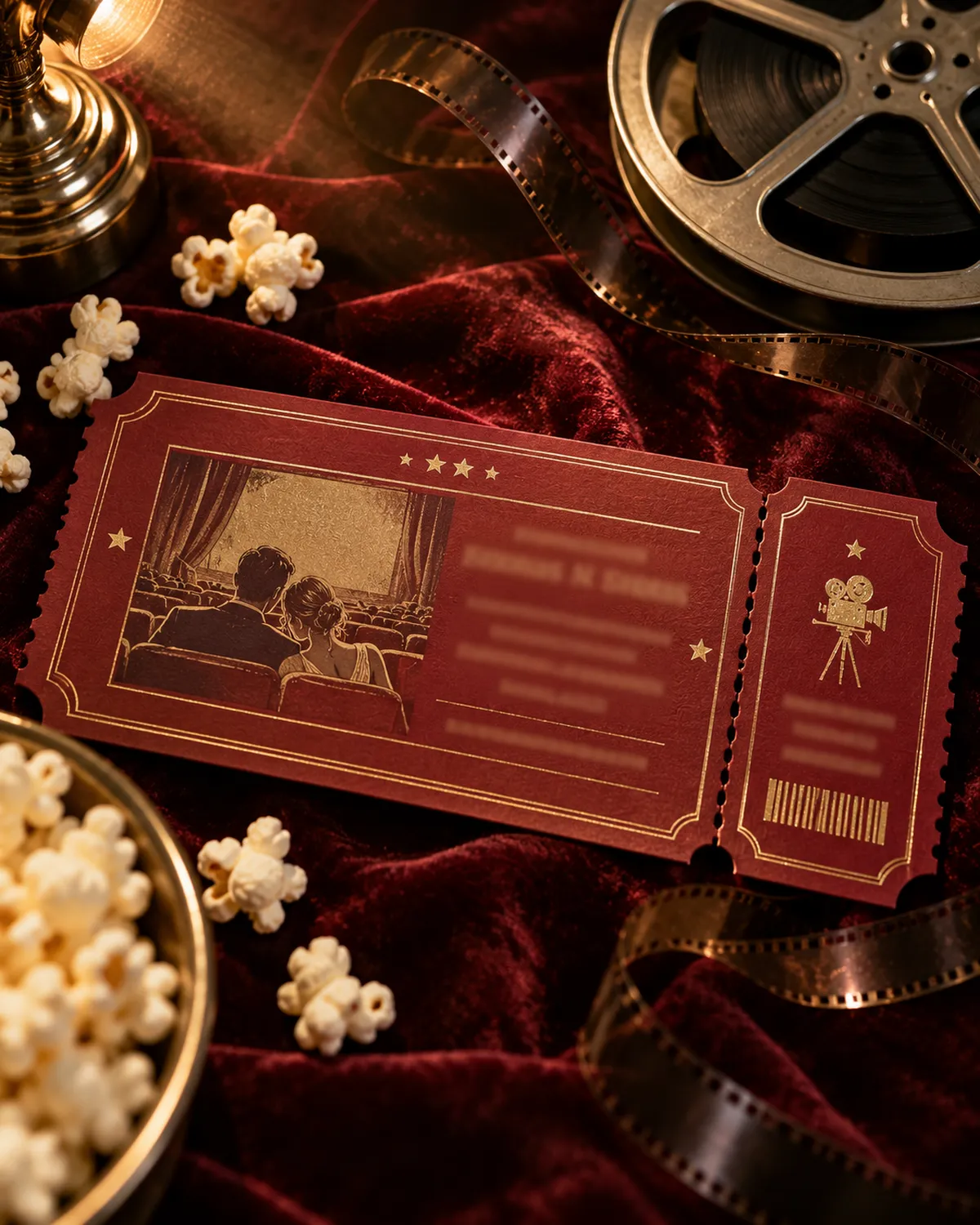 Invitación de boda temática de cine en forma de entrada con palomitas