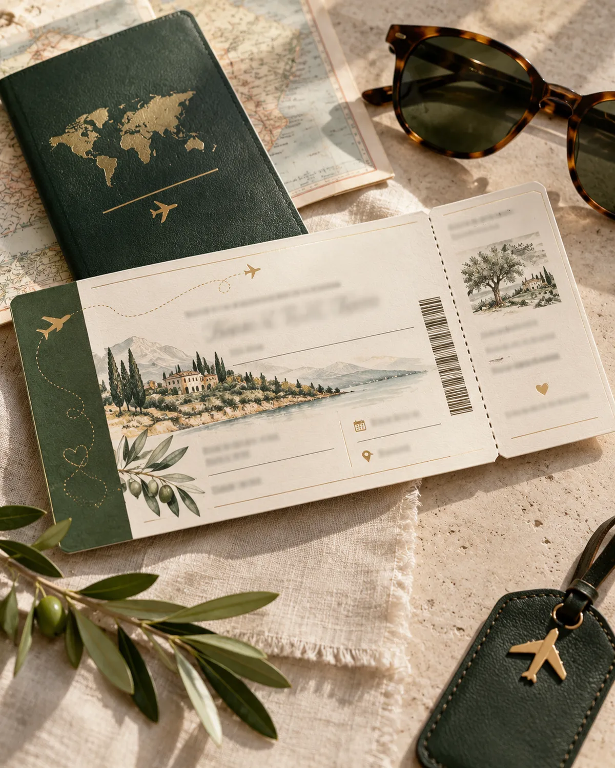 Invitación de boda temática de viajes con pasaporte y tarjeta de embarque