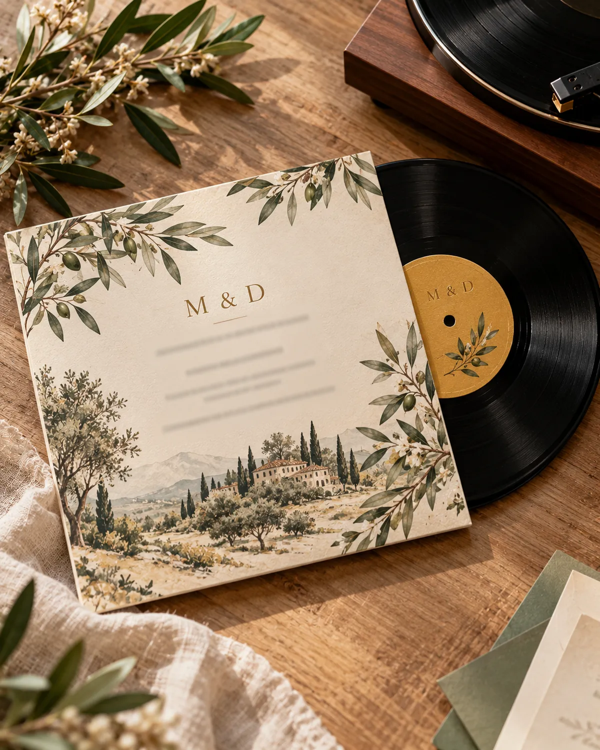 Invitación de boda temática musical con disco de vinilo