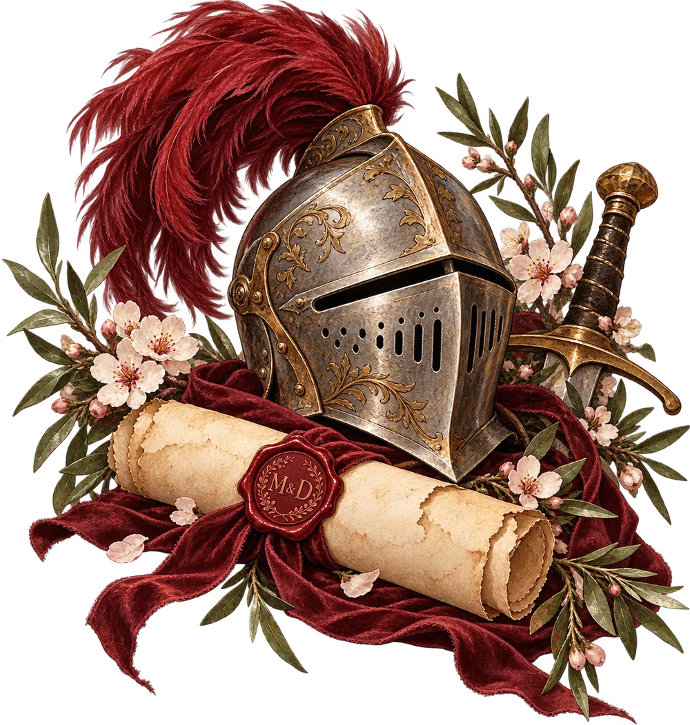 Boda medieval: yelmo de caballero, pergamino con lacre y flores