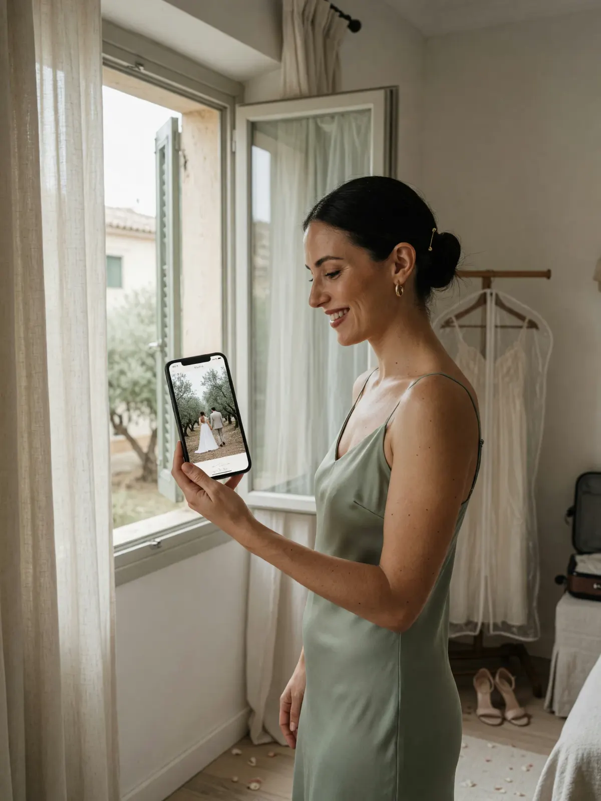 Una invitada, ya vestida para la boda, sonríe junto a la ventana mientras mira en su móvil la web con la foto de los novios