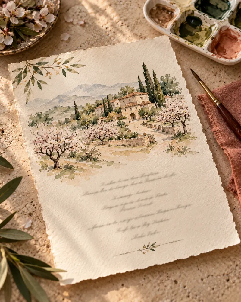 Invitación de boda original con acuarela de la finca