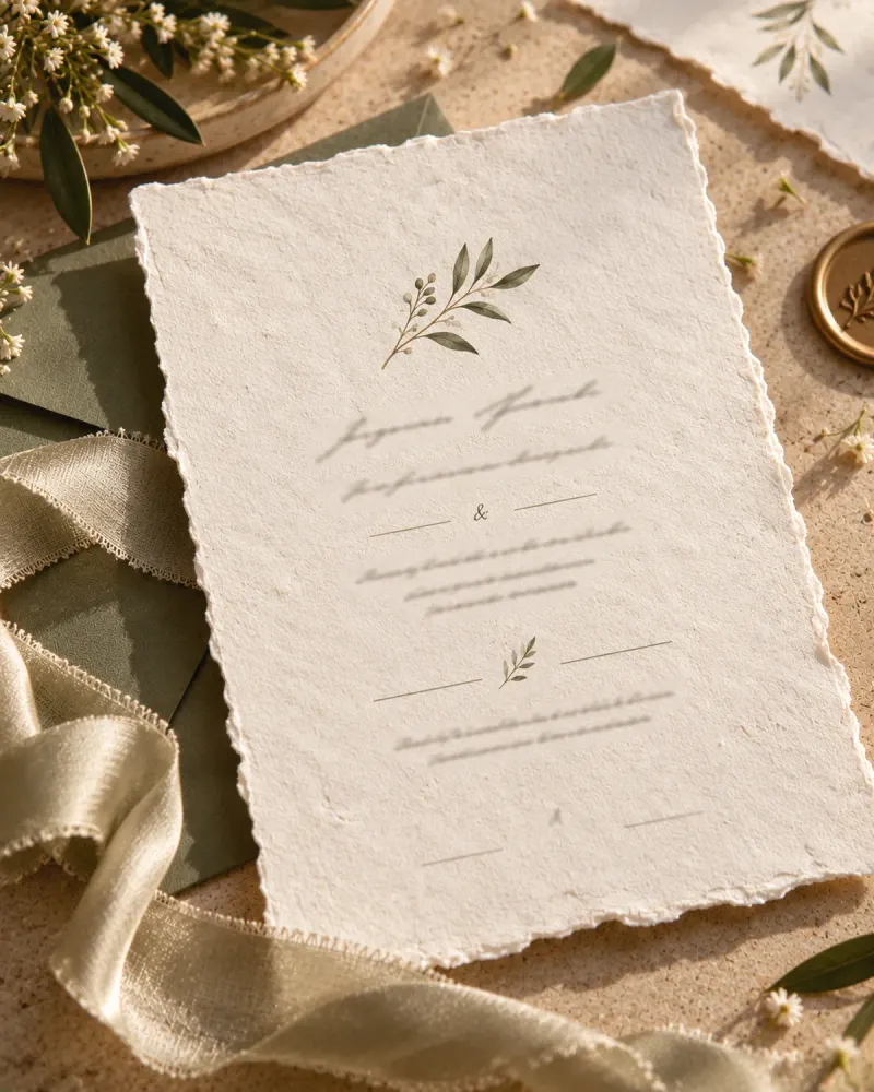 Invitación de boda elegante en papel de algodón con bordes irregulares