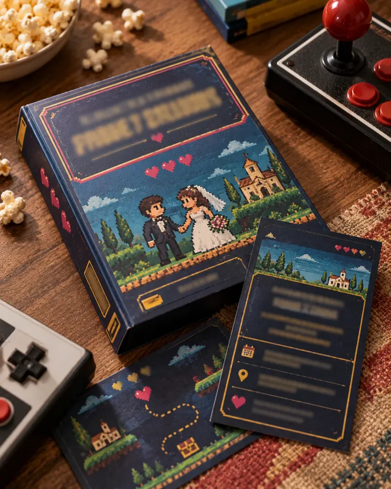 Invitación de boda temática de videojuegos retro