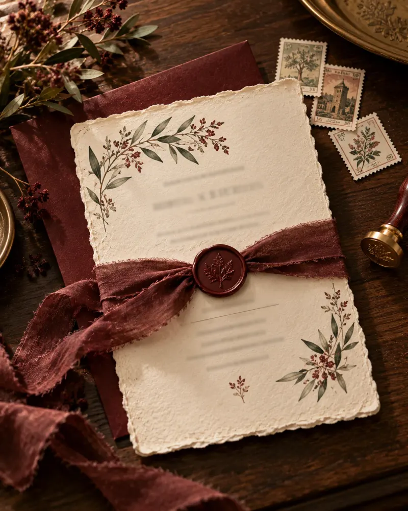 Invitación de boda vintage con sellos y lacre