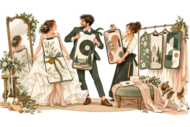 Ilustración de unos novios eligiendo entre varios ejemplos de web de boda