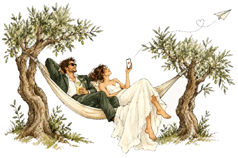 Novios tranquilos en una hamaca mientras otros les hacen la web de boda