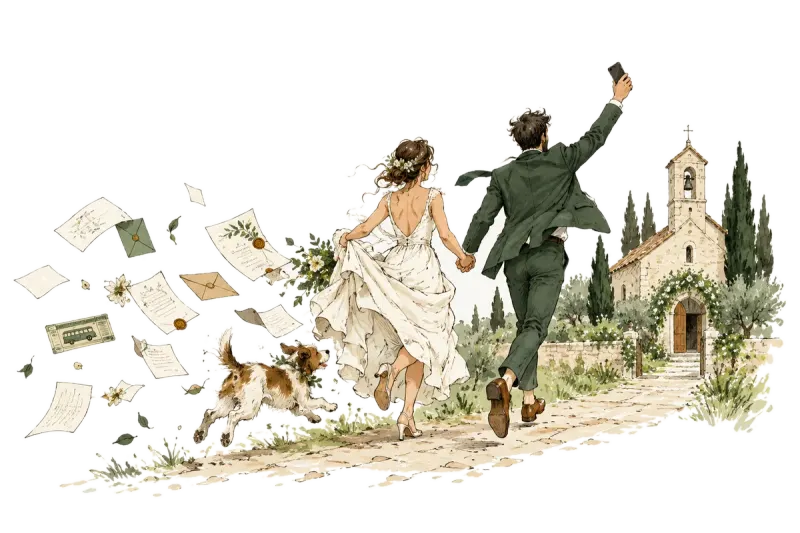 Ilustración de unos novios con prisa camino de la iglesia