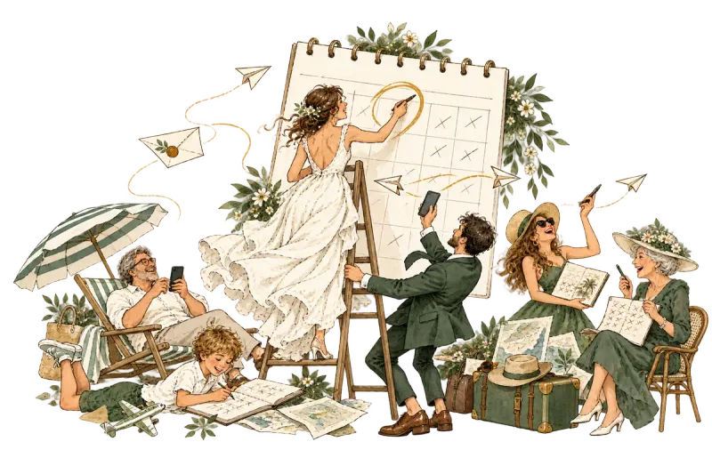 Ilustración de una novia marcando la fecha de boda en el calendario: save the date