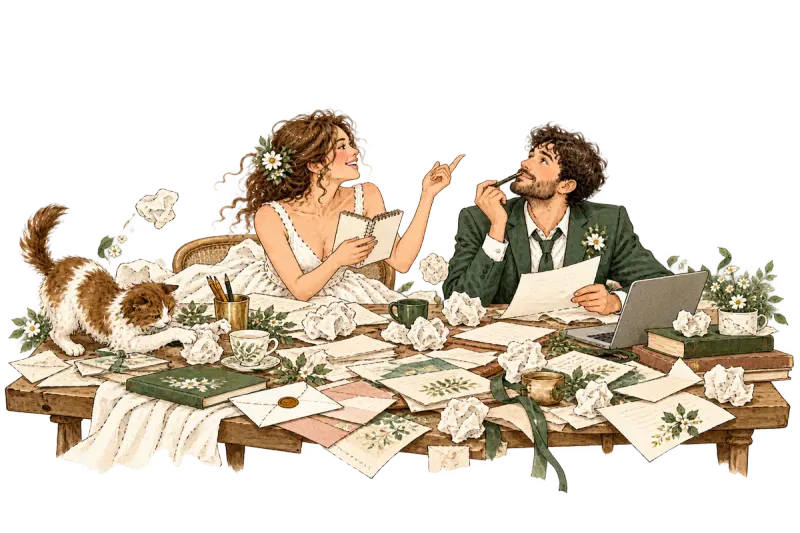 Ilustración de unos novios escribiendo los textos de su invitación de boda