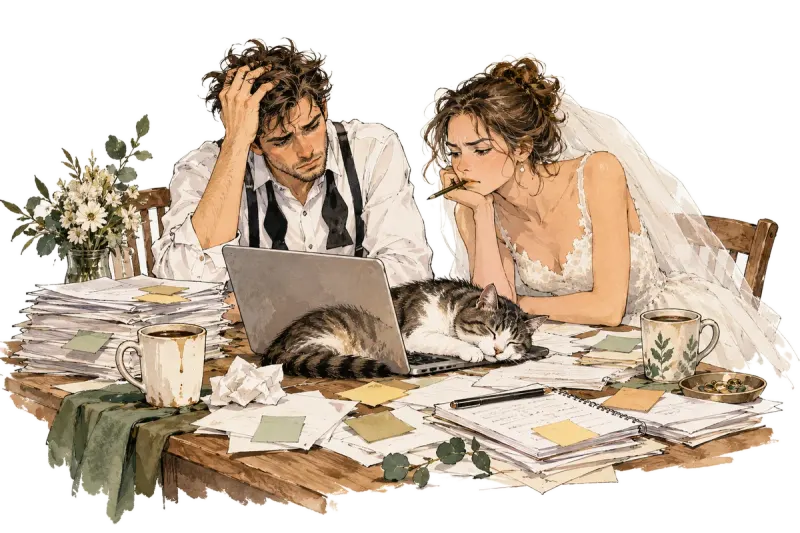 Novios agobiados haciendo su web de boda con una plantilla