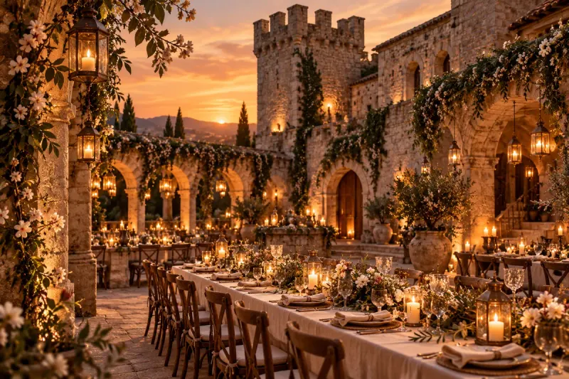Patio de un castillo en España preparado para una boda medieval al atardecer