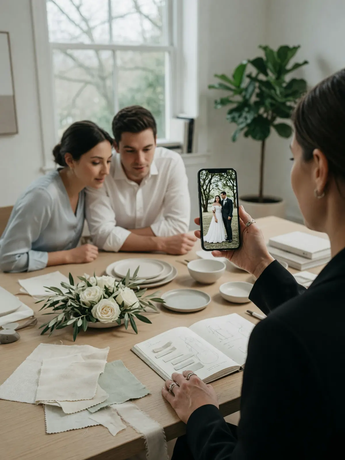 Una wedding planner enseña a una pareja, en su móvil, la web de su boda en una reunión de preparación con muestras de tela y vajilla sobre la mesa